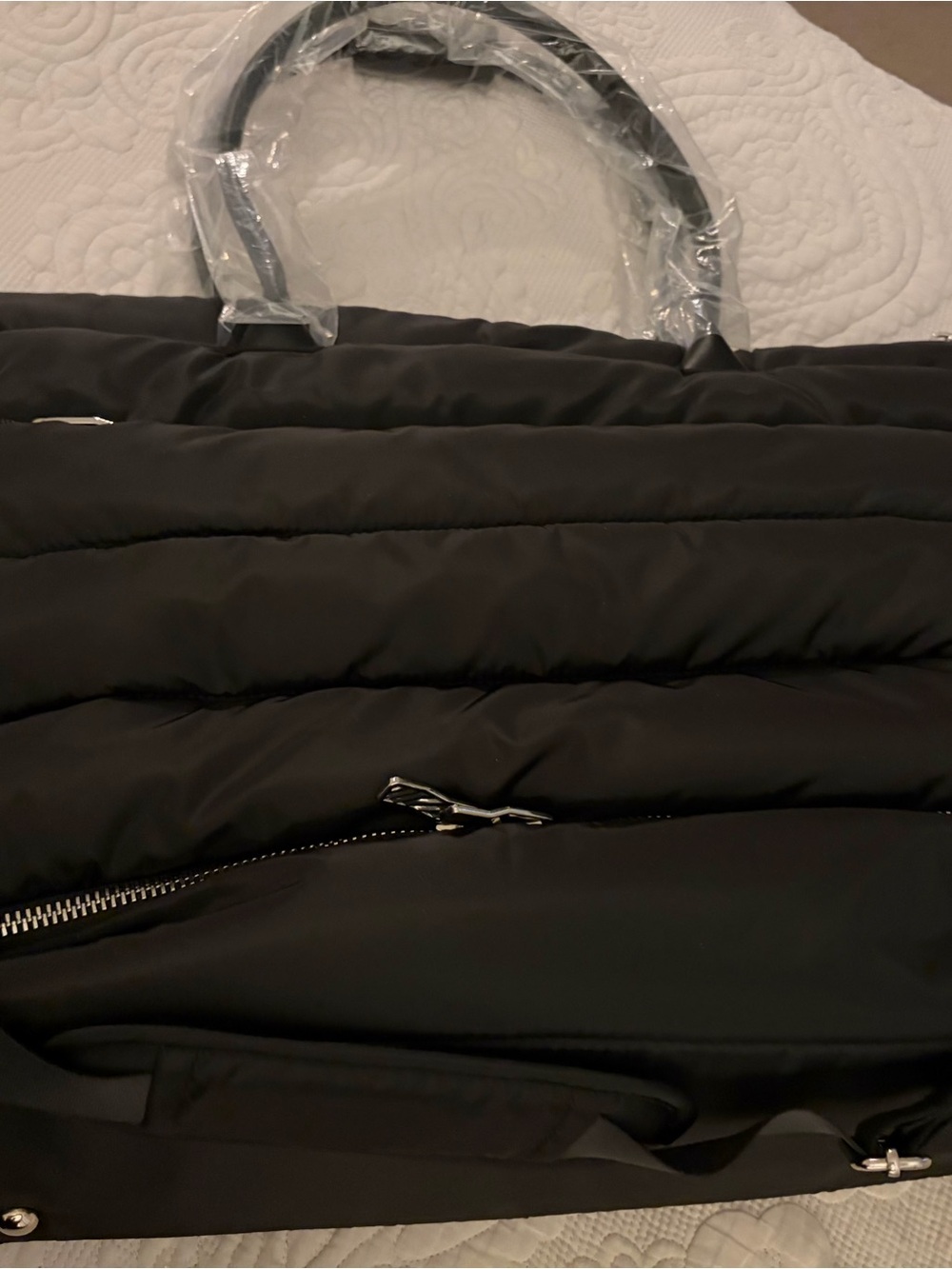 Ipack Quilted Black Puffer Tote Bag with Top Handles & Strap - new with tags